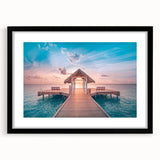 Colorful abstract art print of French Polynesia scenery on textured canvas, framed in black, ideal for living room decor.