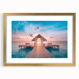 Extra large abstract art print of a serene Bora Bora scenery, with textured shades of blue and green, framed in gold.