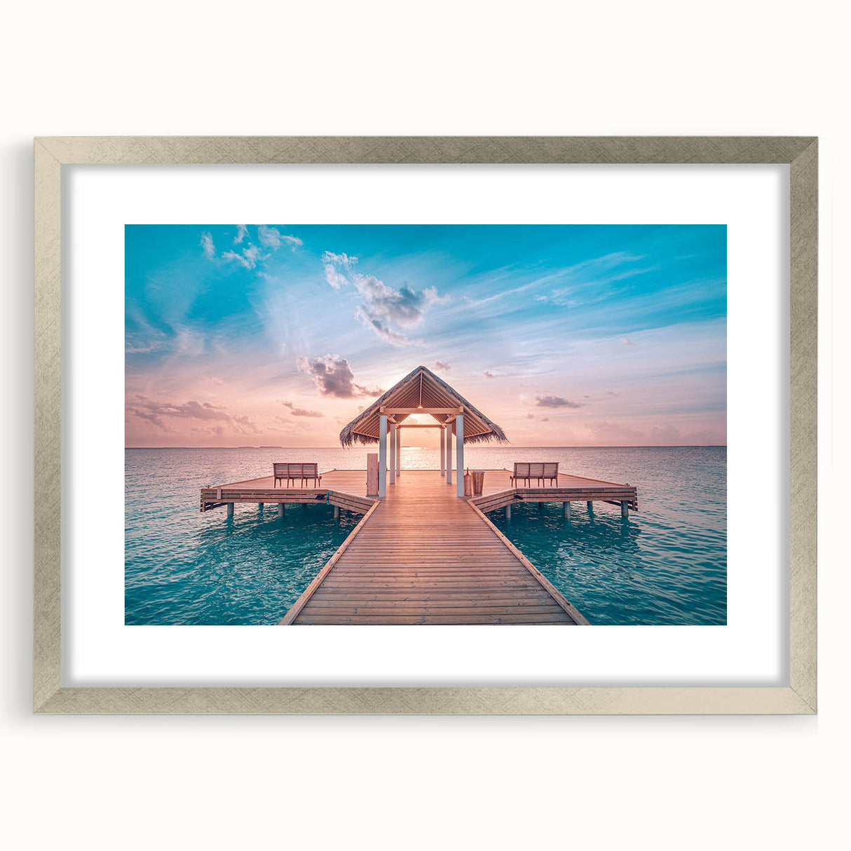 Textured abstract art print depicting a serene Oceania scenery in a silver frame, suitable for bedroom decor.