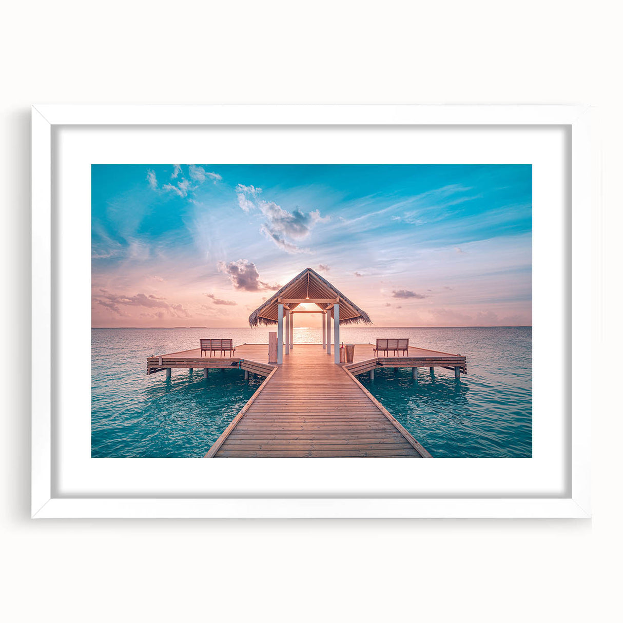 Abstract art print of Bora Bora with soft blue and green tones on a white framed canvas.