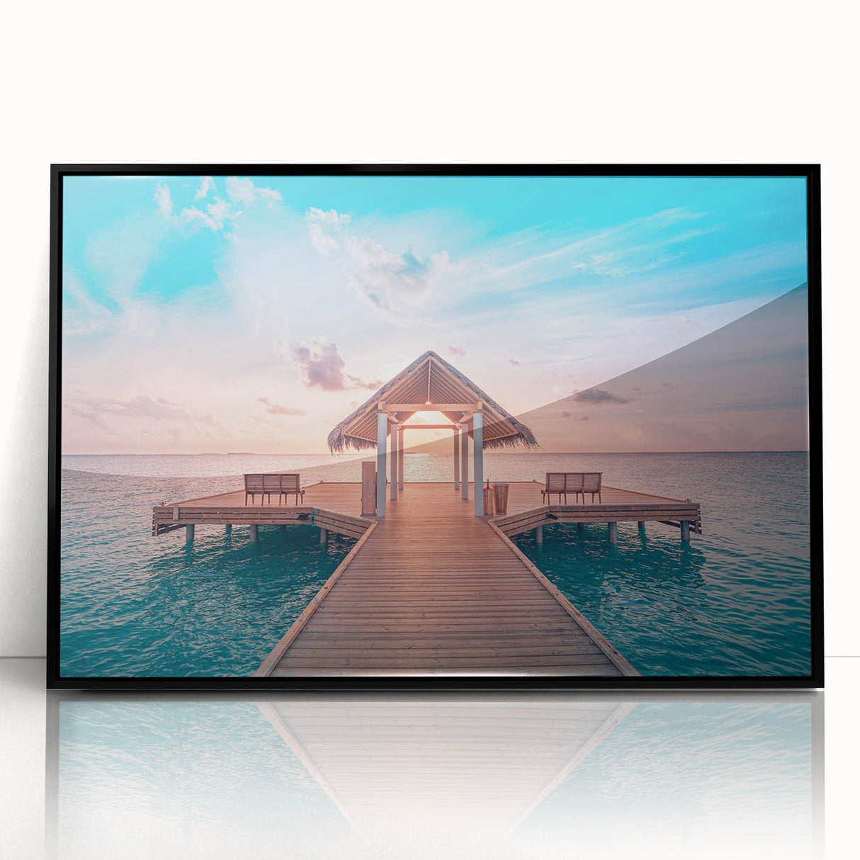 Large abstract wall art depicting the serene Bora Bora landscape in muted blue and green tones on a framed acrylic.