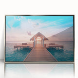 Mid-century modernist art of Bora Bora scenery in muted blue and green hues on framed acrylic.