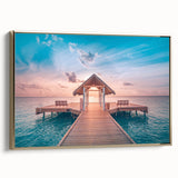 Framed canvas wall art depicting a serene Bora Bora landscape in muted blue and green tones, ideal for bedroom decor.