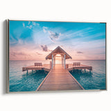 Framed canvas landscape art painting of Bora Bora with vibrant ocean blues and lush greens, ideal for living room decor.