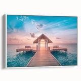 Vintage poster art of a French Polynesia Bora Bora scenery on a framed canvas, featuring vibrant ocean and sky colors.