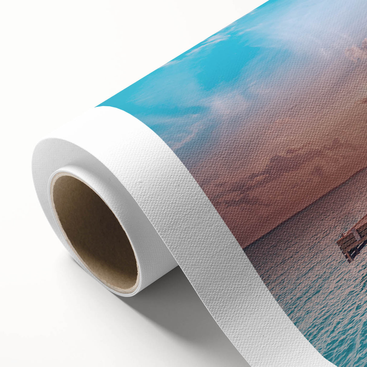 Art deco poster of Bora Bora scenery on rolled canvas, featuring serene blue and green tones, ideal for nursery wall art.