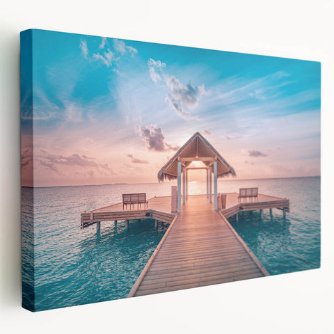 Large art print of Bora Bora's clear waters and overwater bungalows on stretched canvas, ideal for kitchen wall art.