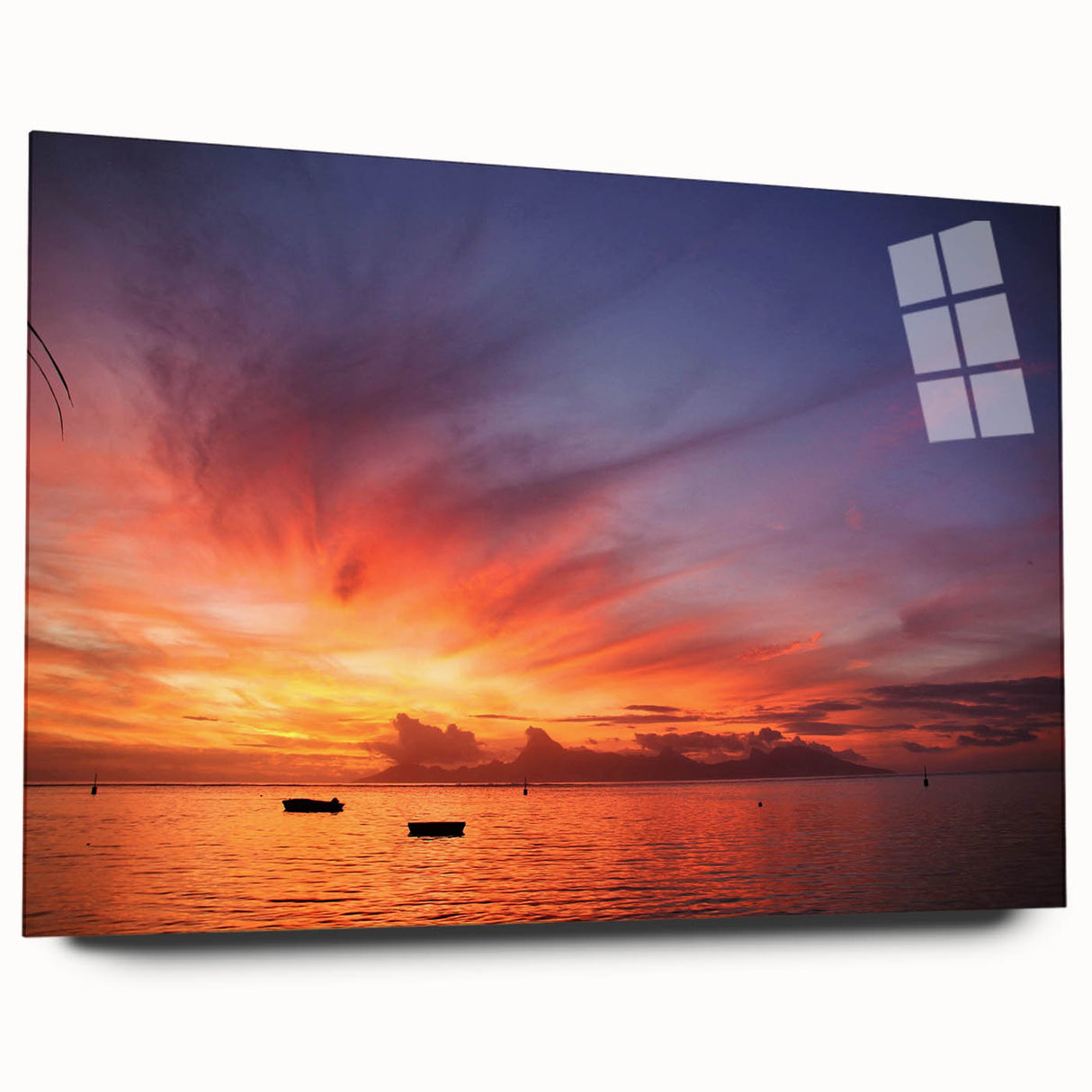 Large abstract acrylic print of a Tahitian landscape in blue and green tones, ideal for bedroom or dining room art.