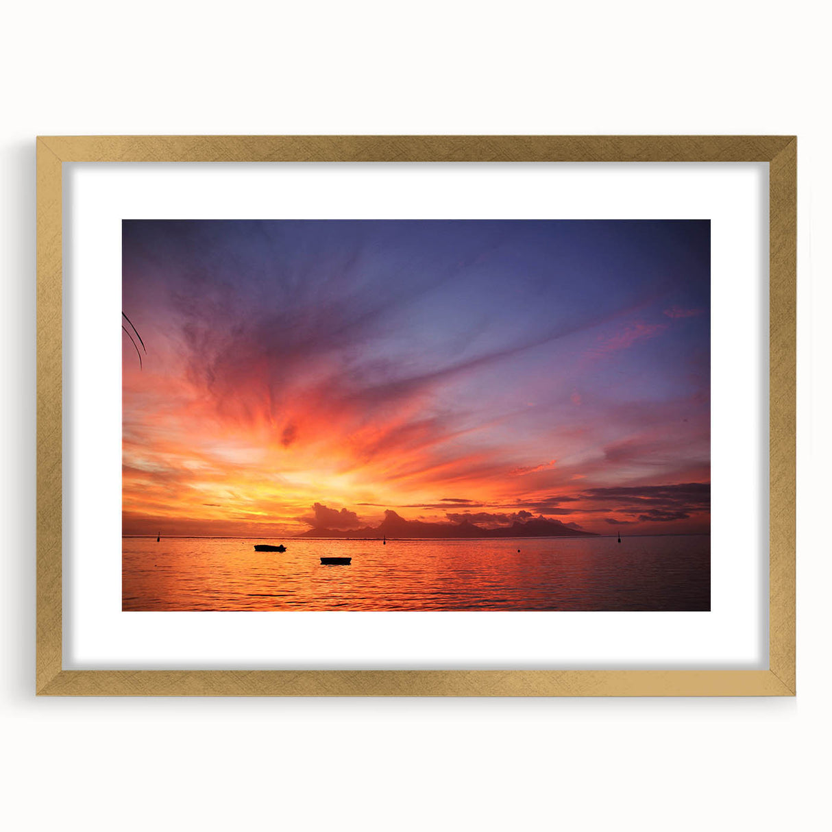 Extra large abstract art print of a Polynesian landscape, featuring textured blues and greens on a framed canvas.