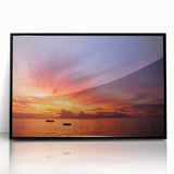 Large abstract wall art of a Tahitian landscape in muted blues and greens, framed in black acrylic.