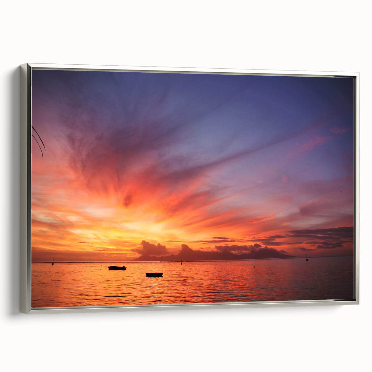 Landscape art painting of Tahiti with lush greenery and ocean in vibrant colors, framed canvas in silver.