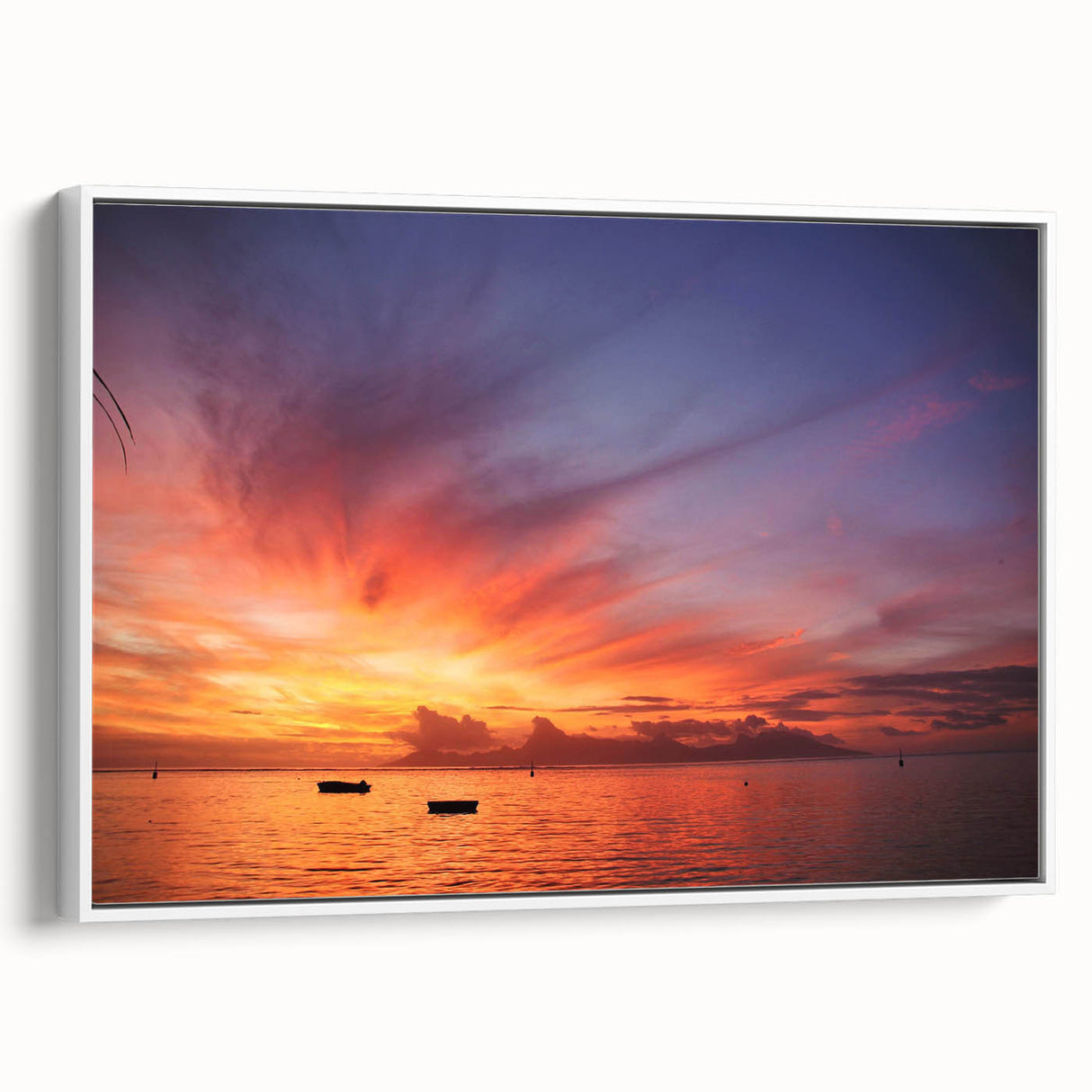 Vintage poster art of a Tahitian landscape on a framed canvas, featuring vibrant colorful accents.