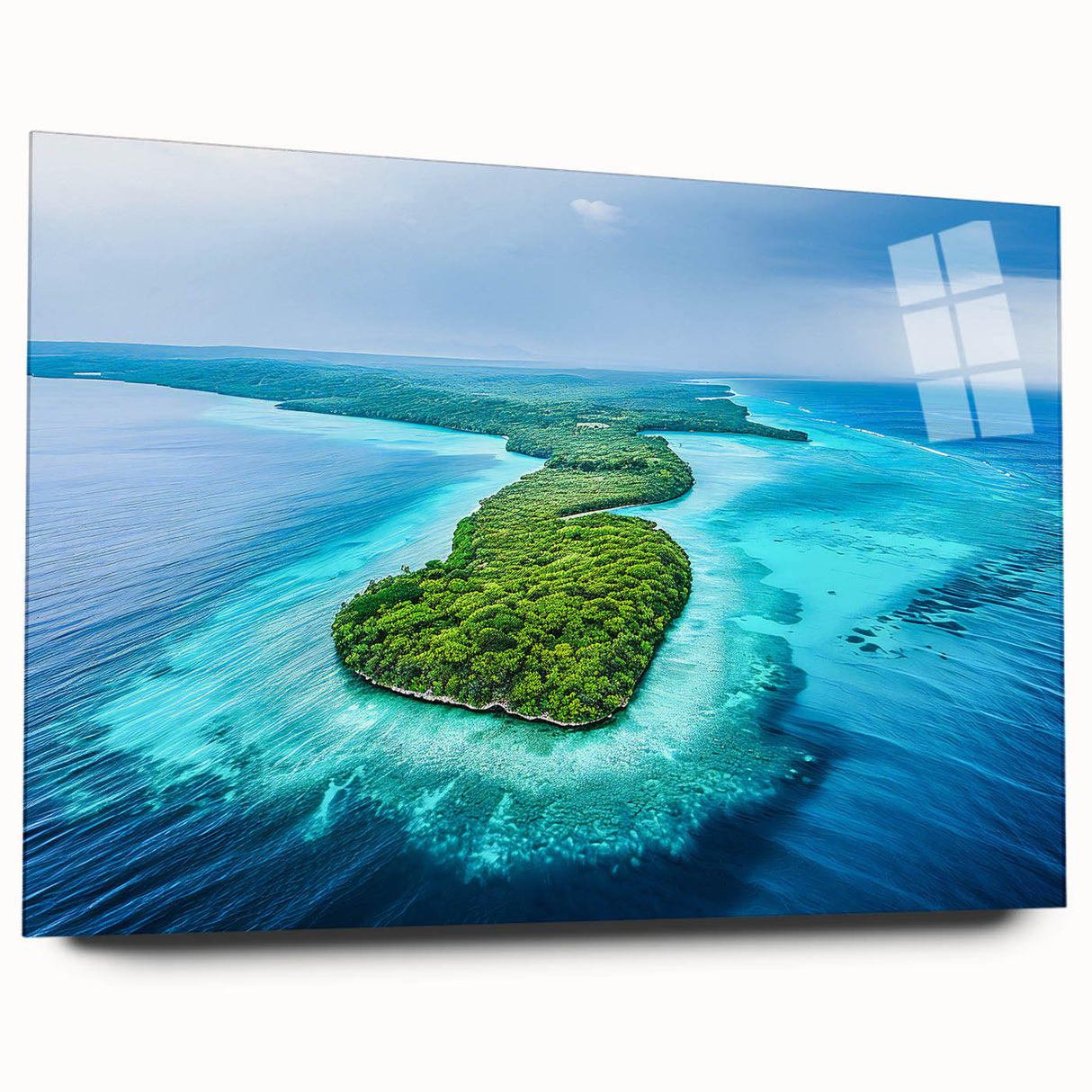 Large abstract wall art on acrylic glass depicting vibrant oceanic hues, ideal for bedroom or dining room decor.