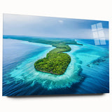 Large abstract wall art on acrylic glass depicting vibrant oceanic hues, ideal for bedroom or dining room decor.
