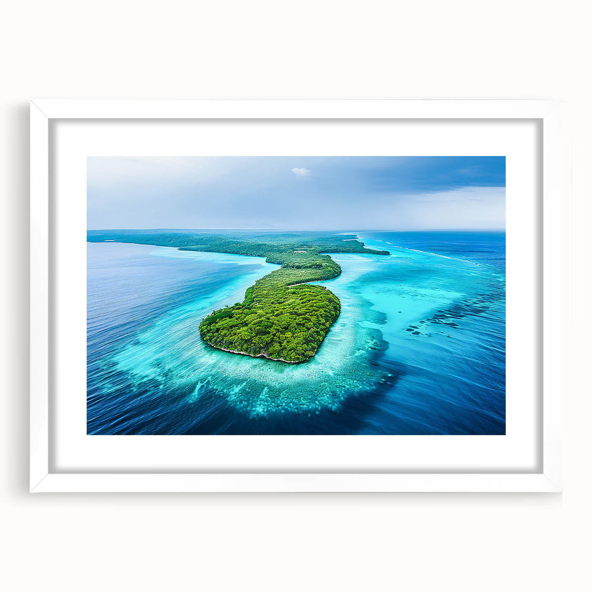 Abstract art print depicting a serene Micronesian landscape in soft blue and green tones, framed with a white mat.