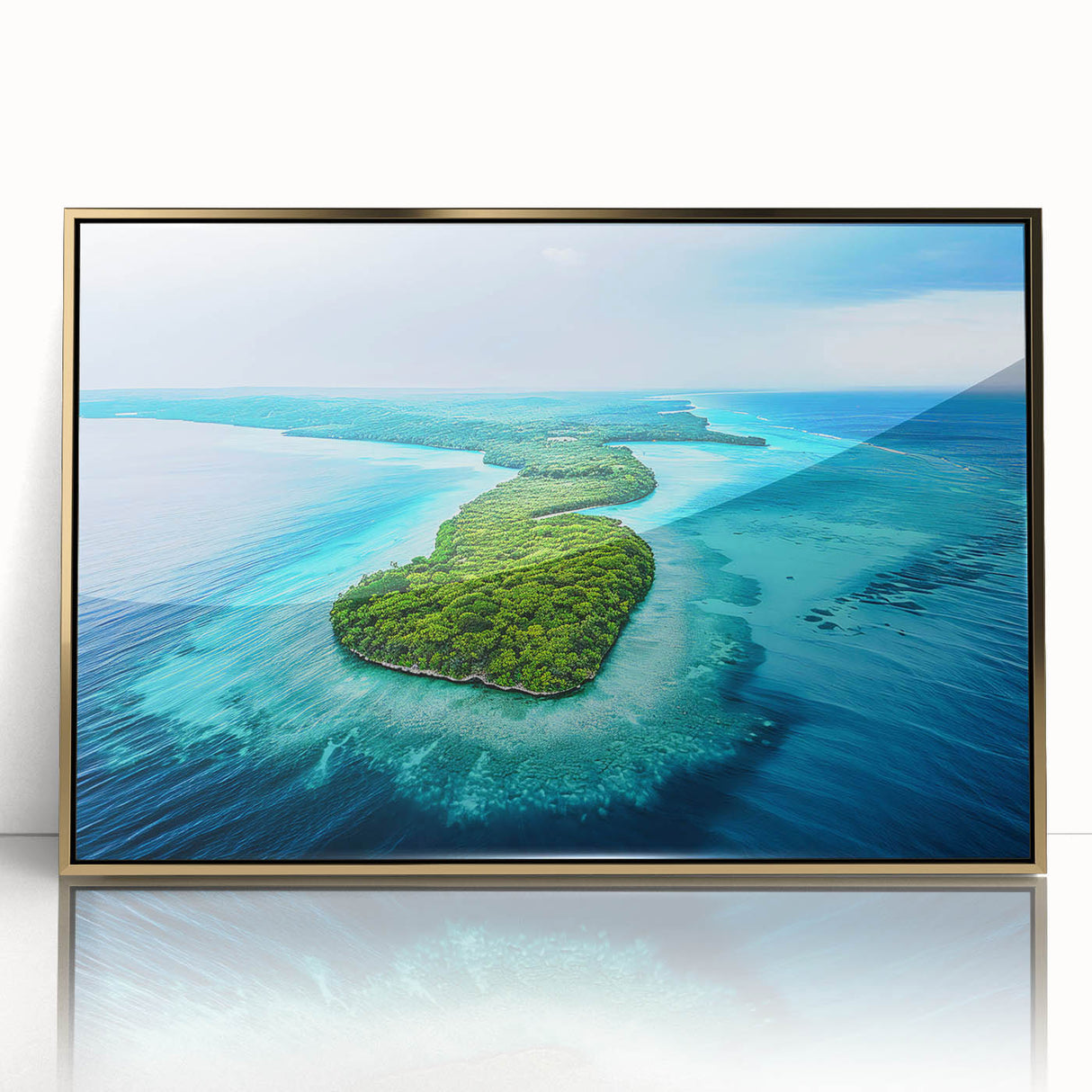 Large art print of a Micronesian oceanic scenery in mid-century modernist style, framed in gold acrylic.