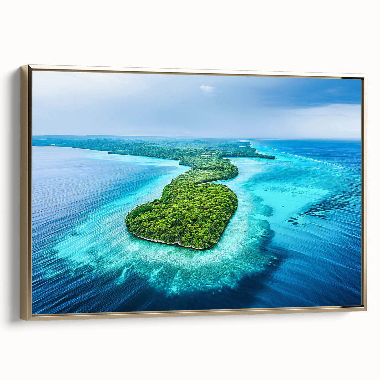 Landscape art painting of Oceania on framed canvas, featuring black and gold tones, ideal for bedroom wall decor.