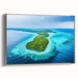 Landscape art painting of a Micronesian scenery on silver-framed canvas, featuring vibrant oceanic blues and greens.