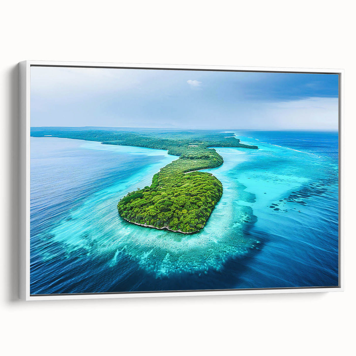 Vintage poster art of Oceania scenery on a framed canvas, featuring vibrant colors against a black background.