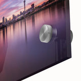 Large abstract depiction of Auckland's skyline in muted blue and gray tones on acrylic glass, suited for dining room art.
