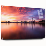 Acrylic print of Auckland skyline in muted blue shades, ideal for modern bedroom or dining room decor.