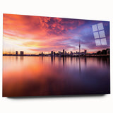 Large abstract depiction of Auckland's skyline in muted blue tones on acrylic glass, ideal for bedroom or dining room art.