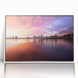 Art deco poster of Auckland skyline in pastel shades, acrylic on white framed canvas, ideal for modern nursery decor.