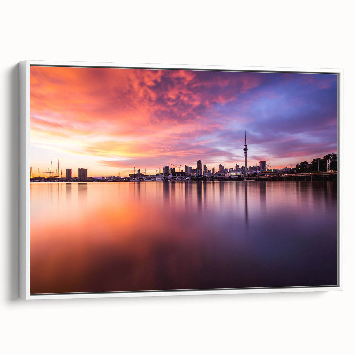 Vintage poster art of Auckland skyline on framed canvas with vibrant colors, ideal for living room decor.