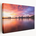 Large art depicting the Auckland skyline in muted blue tones on stretched canvas, suitable for kitchen wall art.