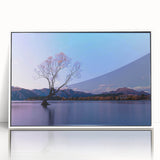 Art deco poster of Otago, New Zealand scenery in pastel hues on a white framed acrylic, ideal for modern nursery wall art.