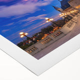 Art deco poster of Buenos Aires skyline in muted blue and beige on rolled canvas, suitable for dining room decor.