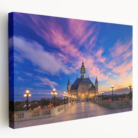Side view of a stretched canvas featuring a vibrant Buenos Aires cityscape, ideal for kitchen wall art.