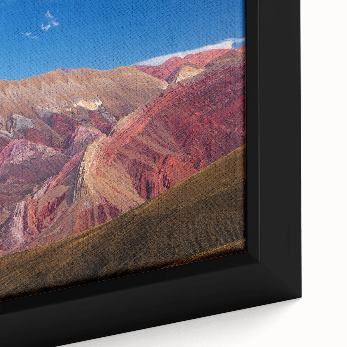 Extra large framed canvas featuring a textured black wall art of an abstract Argentine scenery in vibrant colors.