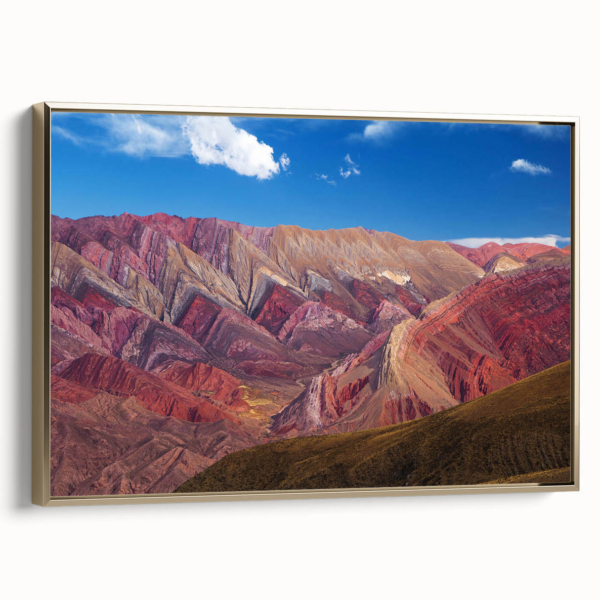 Framed canvas featuring a vintage-style landscape painting of an Argentinian scenery in black and gold tones.