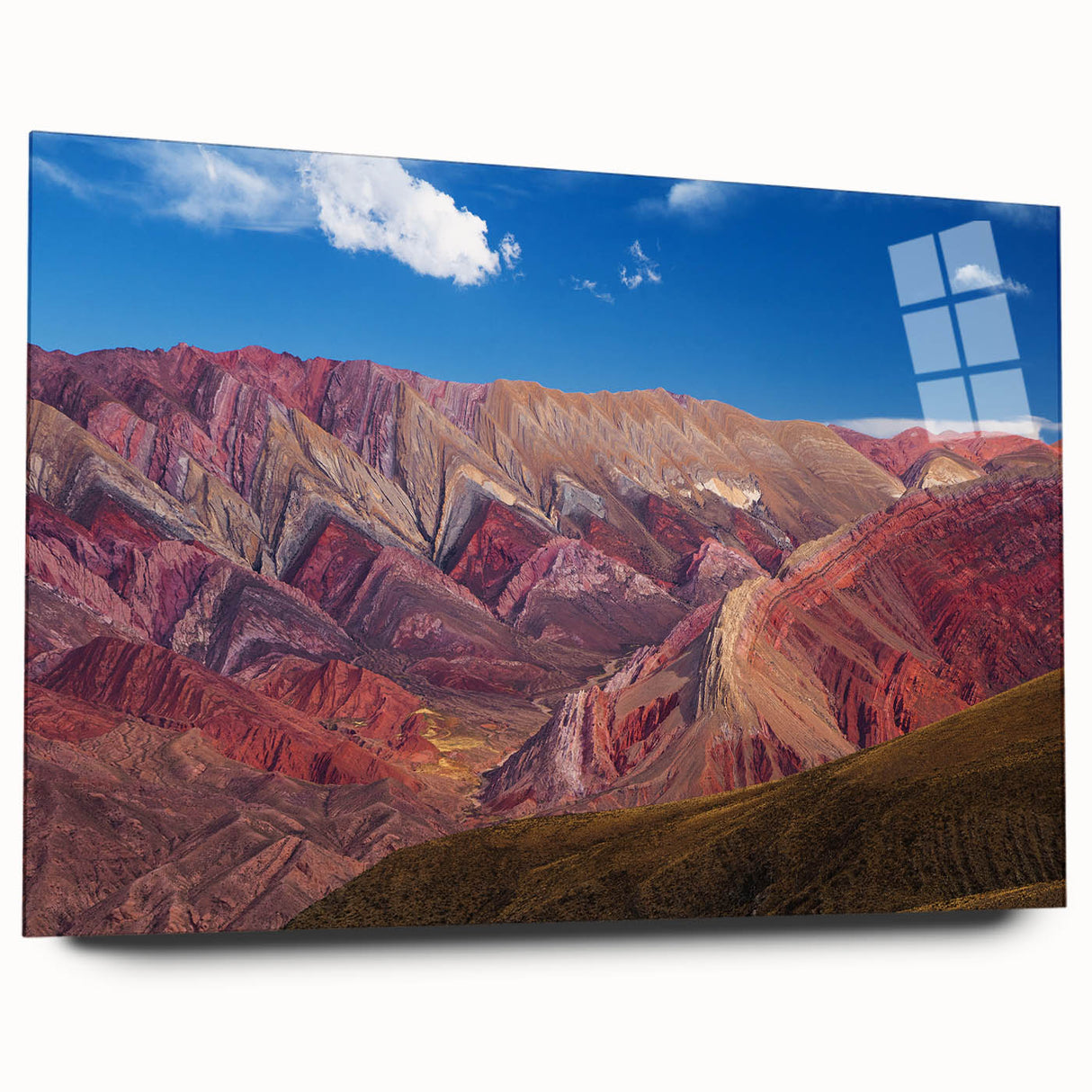 Large abstract wall art of a South American scenery in muted earth tones on acrylic glass.