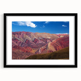 Extra large abstract art print of a colorful Argentine scenery in black frame, ideal for living room decor.