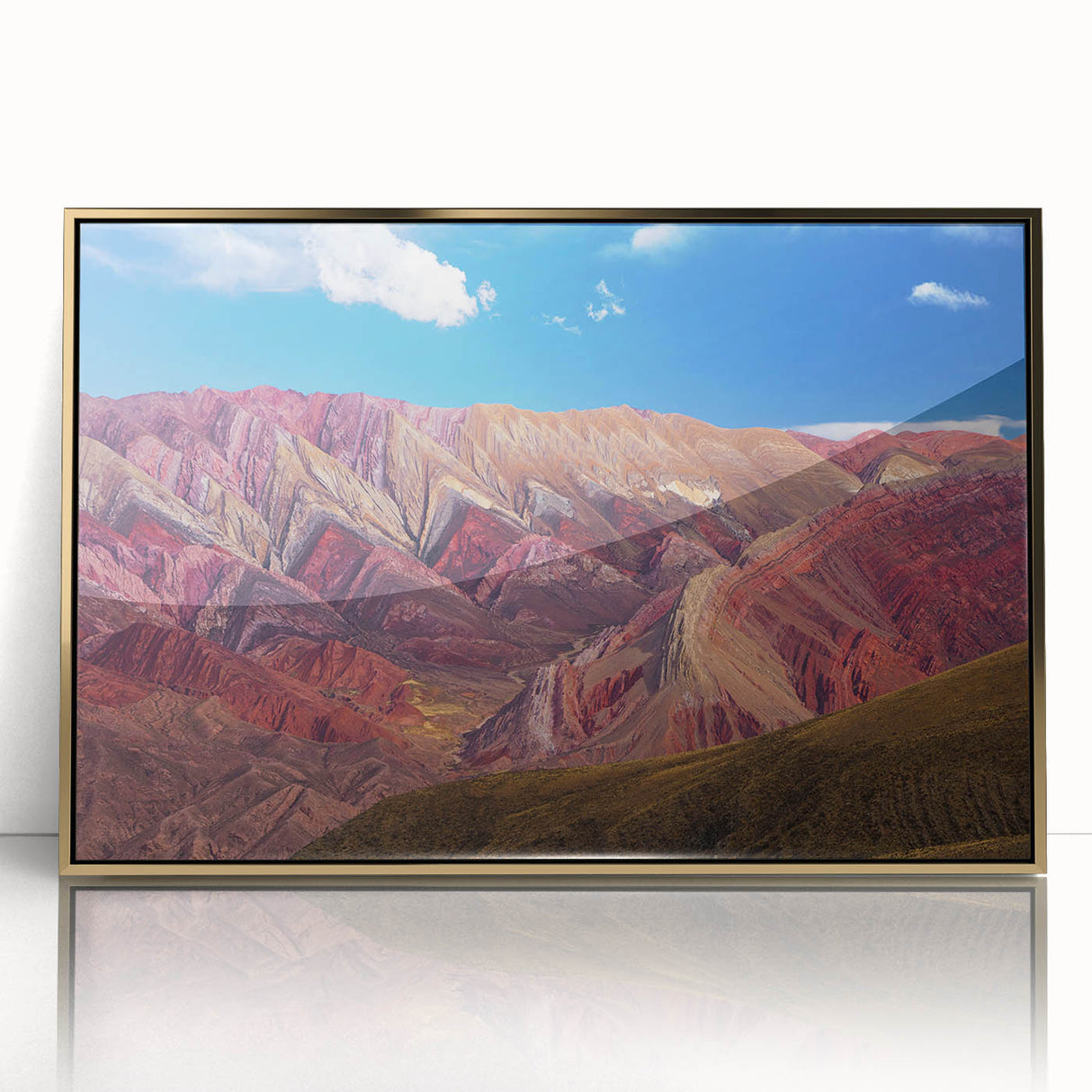 Mid-century modernist style landscape of Argentina in muted earth tones on a framed acrylic print.