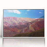 Art deco poster of an Argentine landscape in muted earth tones on white-framed acrylic, suitable for modern art wall decor.