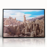 Large abstract wall art depicting a South American Bolivian landscape in muted earth tones on a black framed acrylic print.