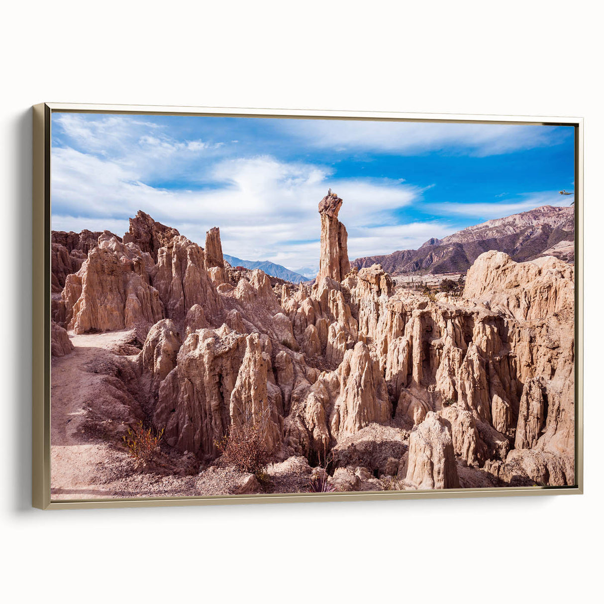Framed canvas landscape painting of a Bolivian scenery in gold and black tones, suitable for bedroom decor.