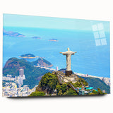 Large abstract wall art of a Brazilian landscape in vibrant greens and blues on acrylic glass.