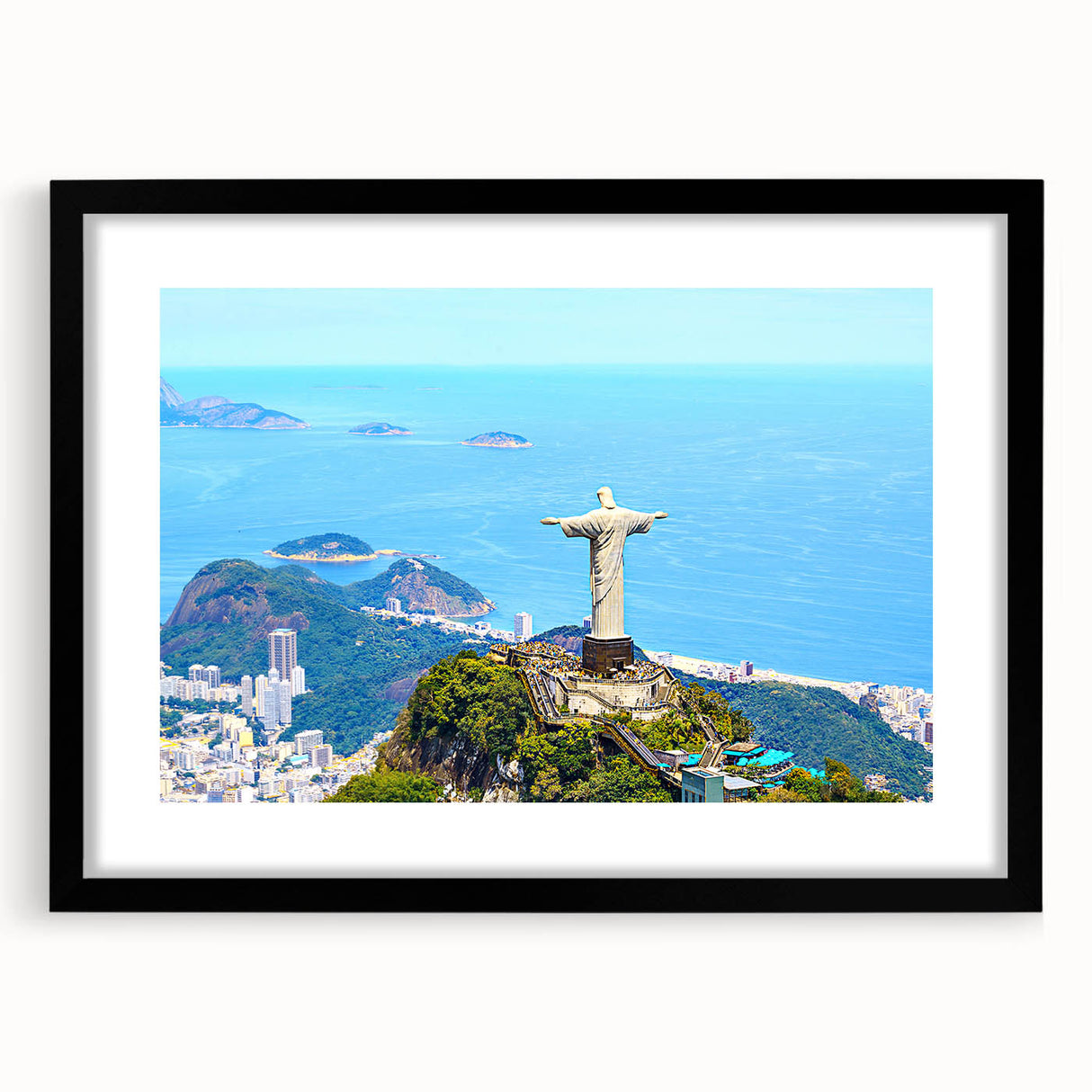 Extra large abstract art print of a vibrant, colorful Brazilian scenery in black frame, ideal for living room ambiance.