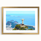 Extra large abstract art print of a Brazilian landscape in textured gold frame, suitable for living room decor.