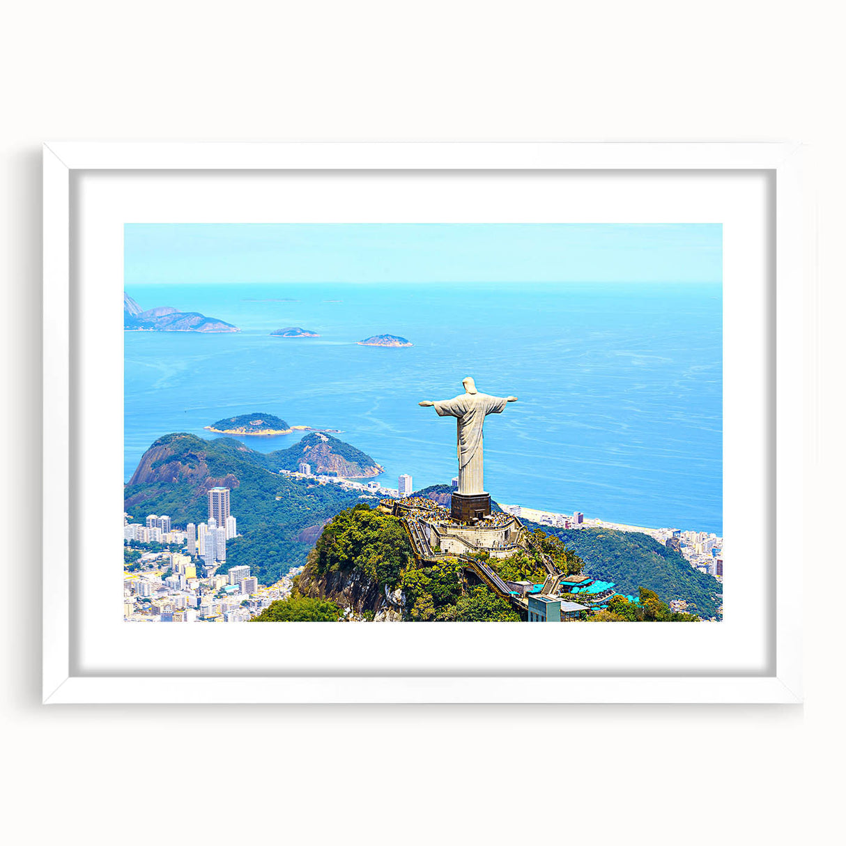 Abstract art print of a stylized Brazilian landscape in vibrant colors, framed with a white mat.