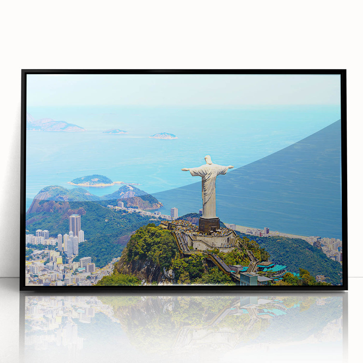 Large abstract wall art depicting a stylized Brazilian landscape in vibrant colors, framed in black acrylic.