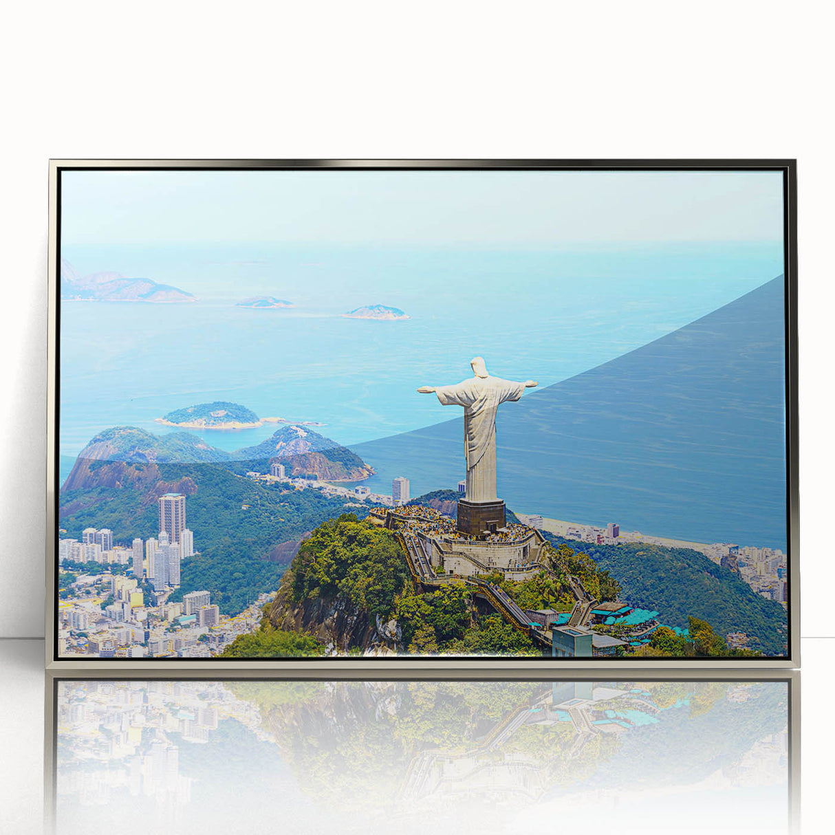 Mid-century modernist art depicting a serene Brazilian landscape in muted earth tones on a framed acrylic panel.