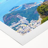 Art deco poster of a Brazilian landscape in muted green and blue tones on rolled canvas, suitable for dining room wall art.