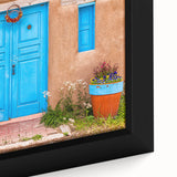 Extra large framed canvas of a textured, colorful depiction of Santiago, Chile, in black and various colors.