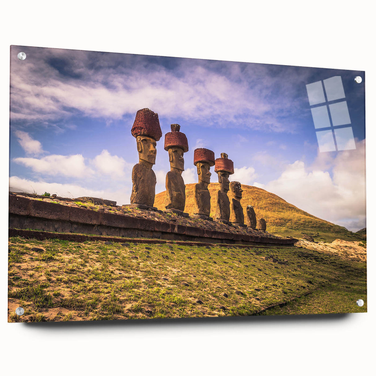 Acrylic print of a large abstract depiction of a South American scenery in vibrant blues and greens.