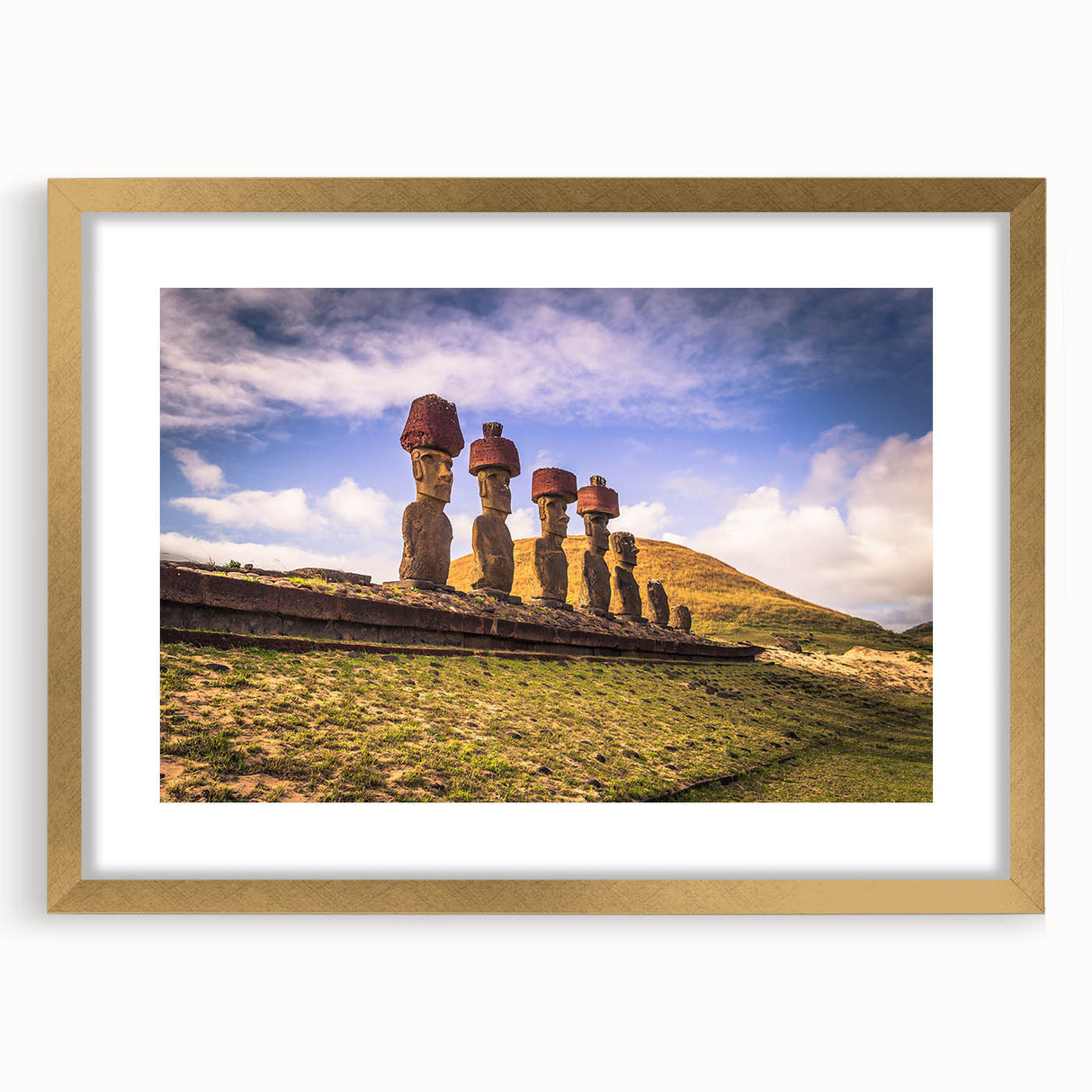 Extra large abstract art print of a textured Chilean scenery in gold frame, ideal for living room decor.